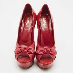 Pre Owned Saint Laurent Red Patent and Leather Palais Bow Peep Toe Pumps Size 39.5