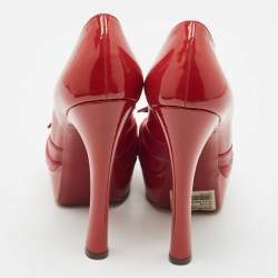 Pre Owned Saint Laurent Red Patent and Leather Palais Bow Peep Toe Pumps Size 39.5