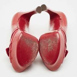 Pre Owned Saint Laurent Red Patent and Leather Palais Bow Peep Toe Pumps Size 39.5