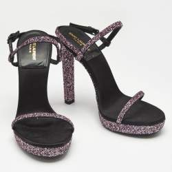 Saint Laurent Pink Glitter Hall Ankle Strap Sandals Size 38