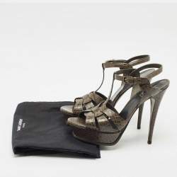 Saint Laurent Grey Croc Embossed Leather Tribute Platform Sandals Size 41