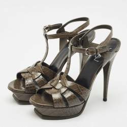 Saint Laurent Grey Croc Embossed Leather Tribute Platform Sandals Size 41