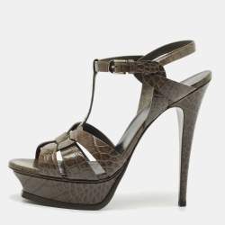 Saint Laurent Grey Croc Embossed Leather Tribute Platform Sandals Size 41