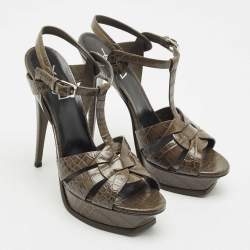 Saint Laurent Grey Croc Embossed Leather Tribute Platform Sandals Size 41