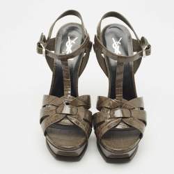 Saint Laurent Grey Croc Embossed Leather Tribute Platform Sandals Size 41