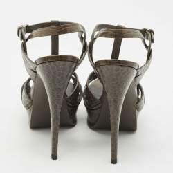 Saint Laurent Grey Croc Embossed Leather Tribute Platform Sandals Size 41