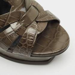 Saint Laurent Grey Croc Embossed Leather Tribute Platform Sandals Size 41