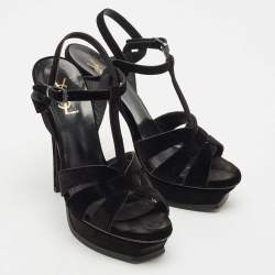 Saint Laurent Black Velvet Tribute Platform Sandals Size 40