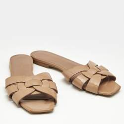 Saint Laurent Beige Patent Leather Tribute Flat Sandals Size 38