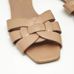 Saint Laurent Beige Patent Leather Tribute Flat Sandals Size 38