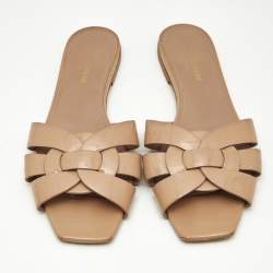 Saint Laurent Beige Patent Leather Tribute Flat Sandals Size 38