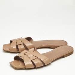 Saint Laurent Beige Patent Leather Tribute Flat Sandals Size 38