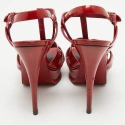 Saint Laurent Dark Red Patent Leather Tribute Platform Sandals Size 38.5
