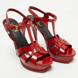 Saint Laurent Dark Red Patent Leather Tribute Platform Sandals Size 38.5