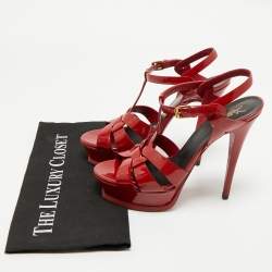 Saint Laurent Dark Red Patent Leather Tribute Platform Sandals Size 38.5