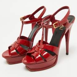 Saint Laurent Dark Red Patent Leather Tribute Platform Sandals Size 38.5