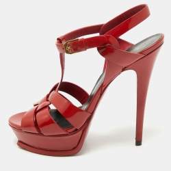 Saint Laurent Dark Red Patent Leather Tribute Platform Sandals Size 38.5