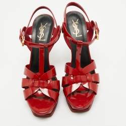 Saint Laurent Dark Red Patent Leather Tribute Platform Sandals Size 38.5