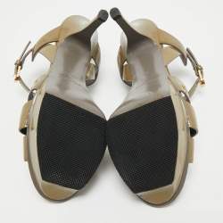 Saint Laurent Olive Green Patent Leather Tribute Platform Sandals Size 38