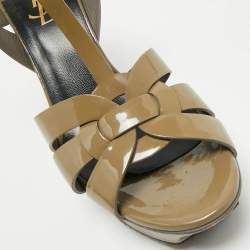 Saint Laurent Olive Green Patent Leather Tribute Platform Sandals Size 38
