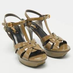 Saint Laurent Olive Green Patent Leather Tribute Platform Sandals Size 38