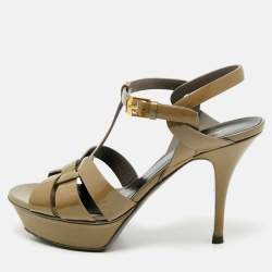 Saint Laurent Olive Green Patent Leather Tribute Platform Sandals Size 38