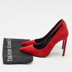 مملوكة مسبقًا حذاء كعب عالي سان لوران سويدي أحمر مقدمة مدببة مقاس 38.5