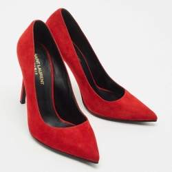 مملوكة مسبقًا حذاء كعب عالي سان لوران سويدي أحمر مقدمة مدببة مقاس 38.5