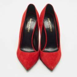 مملوكة مسبقًا حذاء كعب عالي سان لوران سويدي أحمر مقدمة مدببة مقاس 38.5