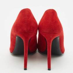 مملوكة مسبقًا حذاء كعب عالي سان لوران سويدي أحمر مقدمة مدببة مقاس 38.5