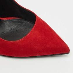 مملوكة مسبقًا حذاء كعب عالي سان لوران سويدي أحمر مقدمة مدببة مقاس 38.5