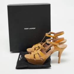 Pre Owned Saint Laurent Beige Patent Leather Tribute Platform Sandals Size 39.5