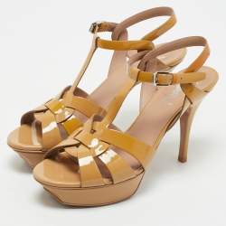Pre Owned Saint Laurent Beige Patent Leather Tribute Platform Sandals Size 39.5