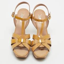 Pre Owned Saint Laurent Beige Patent Leather Tribute Platform Sandals Size 39.5