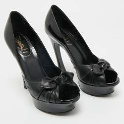 Pre Owned Saint Laurent Black Patent Leather Palais B 105 Peep Toe Bow  Pumps Size 37.5