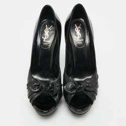 Pre Owned Saint Laurent Black Patent Leather Palais B 105 Peep Toe Bow  Pumps Size 37.5