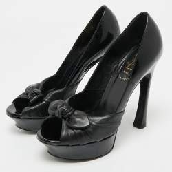 Pre Owned Saint Laurent Black Patent Leather Palais B 105 Peep Toe Bow  Pumps Size 37.5