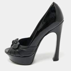 Saint Laurent Black Patent Leather Palais B 105 Peep Toe Bow  Pumps Size 37.5