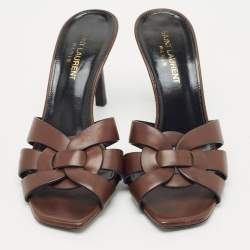Saint Laurent Brown Leather Tribute Slide Sandals Size 36.5
