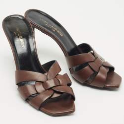 Saint Laurent Brown Leather Tribute Slide Sandals Size 36.5