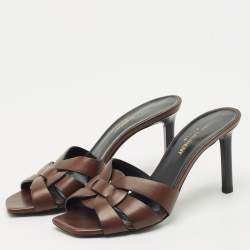 Saint Laurent Brown Leather Tribute Slide Sandals Size 36.5