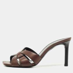 Saint Laurent Brown Leather Tribute Slide Sandals Size 36.5