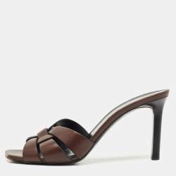 Saint Laurent Brown Leather Tribute Slide Sandals Size 39.5