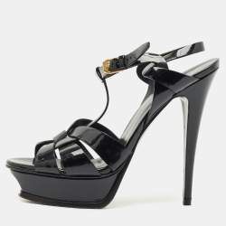 Saint Laurent Black Patent Leather Tribute Ankle Strap Sandals Size 40