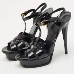 مملوكة مسبقًا Saint Laurent Black Patent Leather Tribute Ankle Strap Sandals Size 40