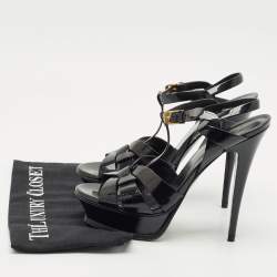 مملوكة مسبقًا Saint Laurent Black Patent Leather Tribute Ankle Strap Sandals Size 40