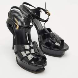 مملوكة مسبقًا Saint Laurent Black Patent Leather Tribute Ankle Strap Sandals Size 40