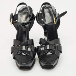 مملوكة مسبقًا Saint Laurent Black Patent Leather Tribute Ankle Strap Sandals Size 40