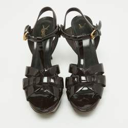 Pre Owned Saint Laurent Burgundy Patent Leather Tribute Ankle Strap Sandals Size 40
