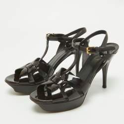 Pre Owned Saint Laurent Burgundy Patent Leather Tribute Ankle Strap Sandals Size 40